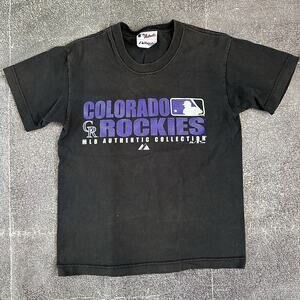 Boy's Vintage Y2K Majestic MLB Colorado Rockies Baseball Black T Shirt Tee Sz M